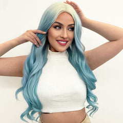 13*3 synthetic lace front wig ombre blue high quality natural body wave hair for white women &1pc wigcap | G1904741