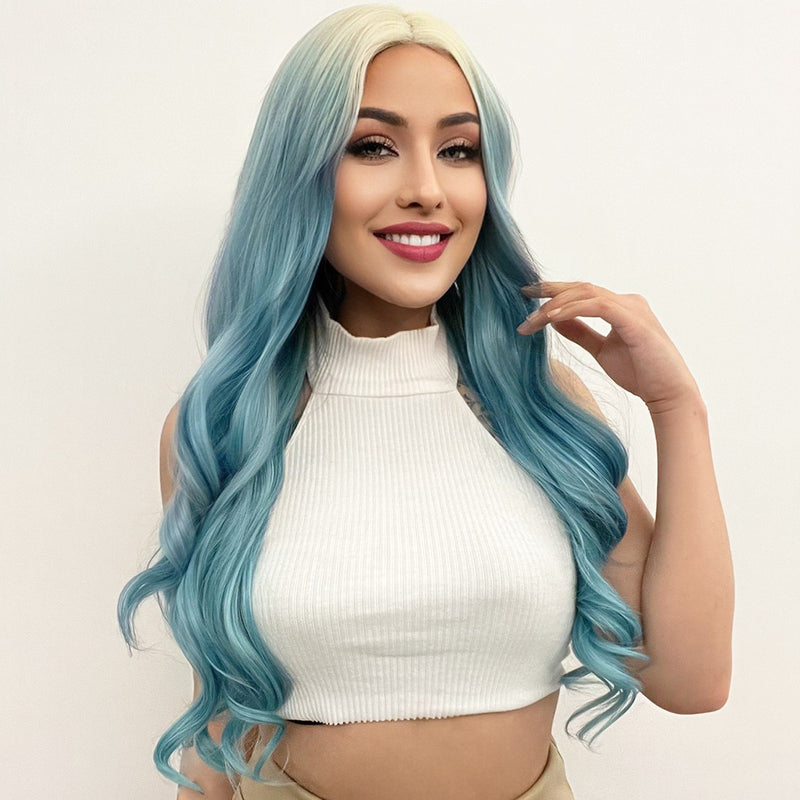 13*3 synthetic lace front wig ombre blue high quality natural body wave hair for white women &1pc wigcap | G1904741