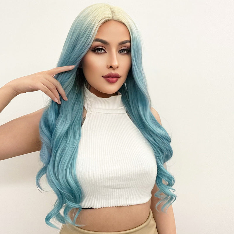 13*3 synthetic lace front wig ombre blue high quality natural body wave hair for white women &1pc wigcap | G1904741