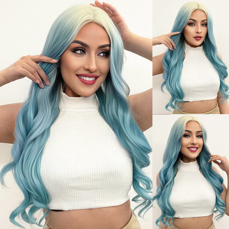 13*3 synthetic lace front wig ombre blue high quality natural body wave hair for white women &1pc wigcap | G1904741