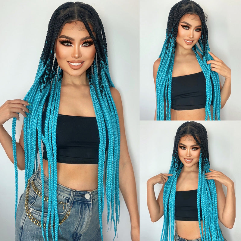 synthetic long braided wig gradient black blue full lace wig heat resistant for black women &1PC wigcap | G1905451