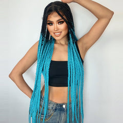 synthetic long braided wig gradient black blue full lace wig heat resistant for black women &1PC wigcap | G1905451