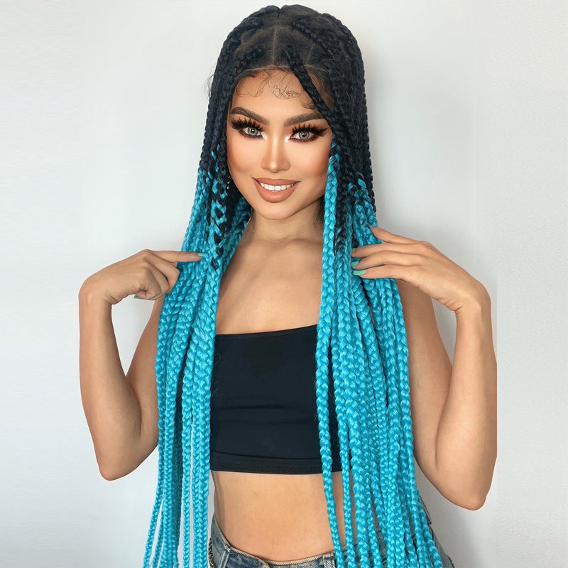 synthetic long braided wig gradient black blue full lace wig heat resistant for black women &1PC wigcap | G1905451