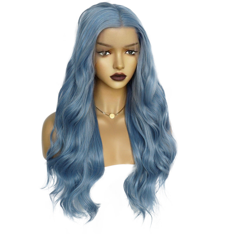 13*3 synthetic lace front wig middle parted hairstyle blue body wave hair for women &1pc wigcap | G1905462