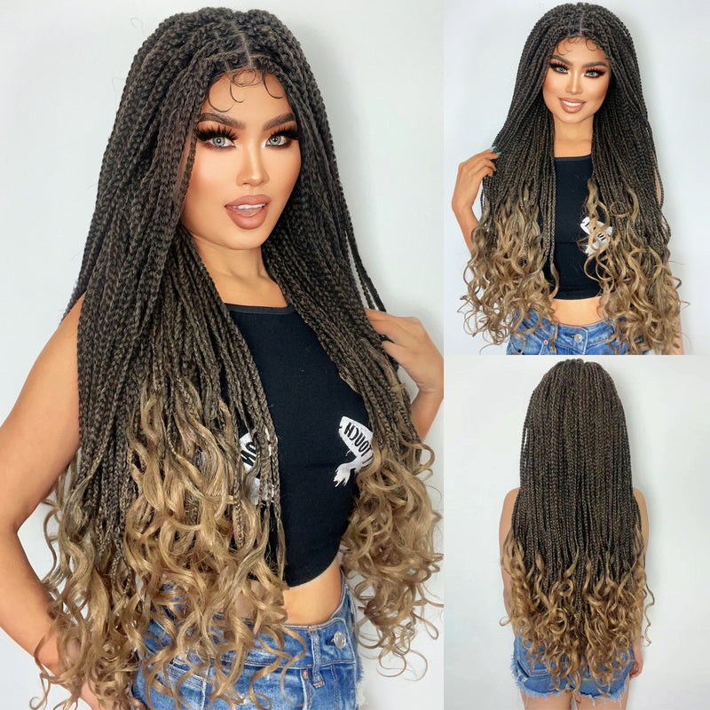 10*5 super long brown braided lace front wig with curly end for black women and 1 pc wigcap| G1905545