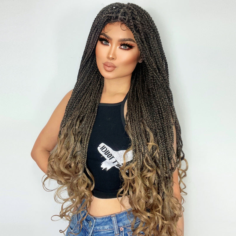 10*5 super long brown braided lace front wig with curly end for black women and 1 pc wigcap| G1905545