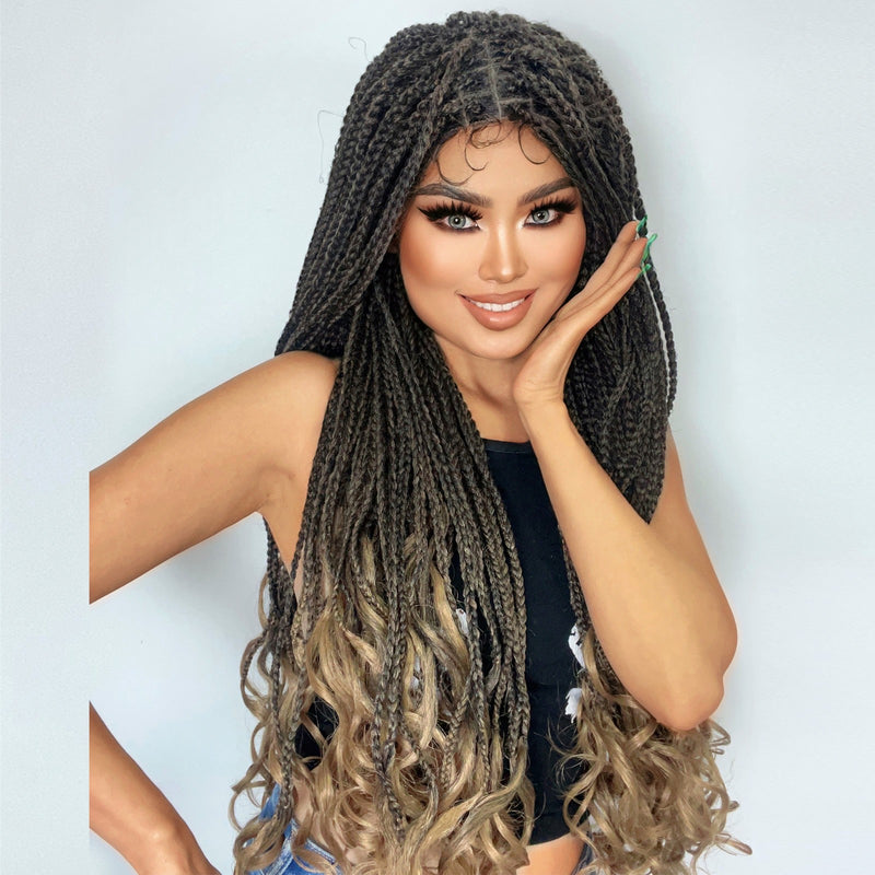 10*5 super long brown braided lace front wig with curly end for black women and 1 pc wigcap| G1905545