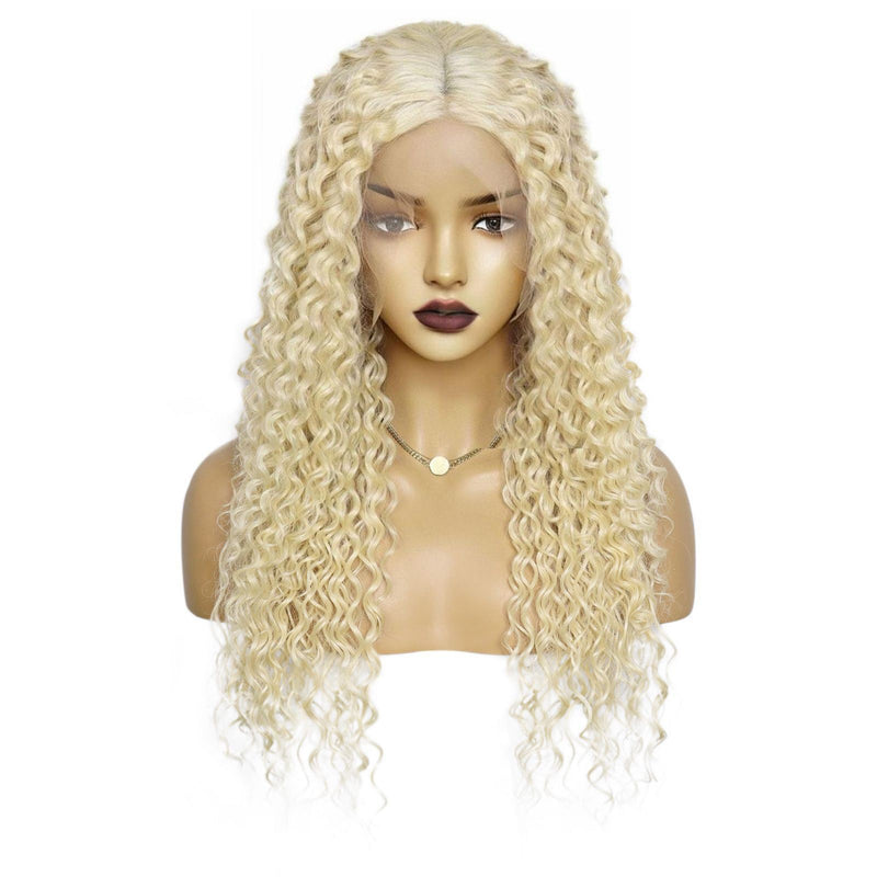 13*6 lace front wig synthetic human hair 613# blonde natural curly 28inch long wig for women &1pc wigcap | G1905791