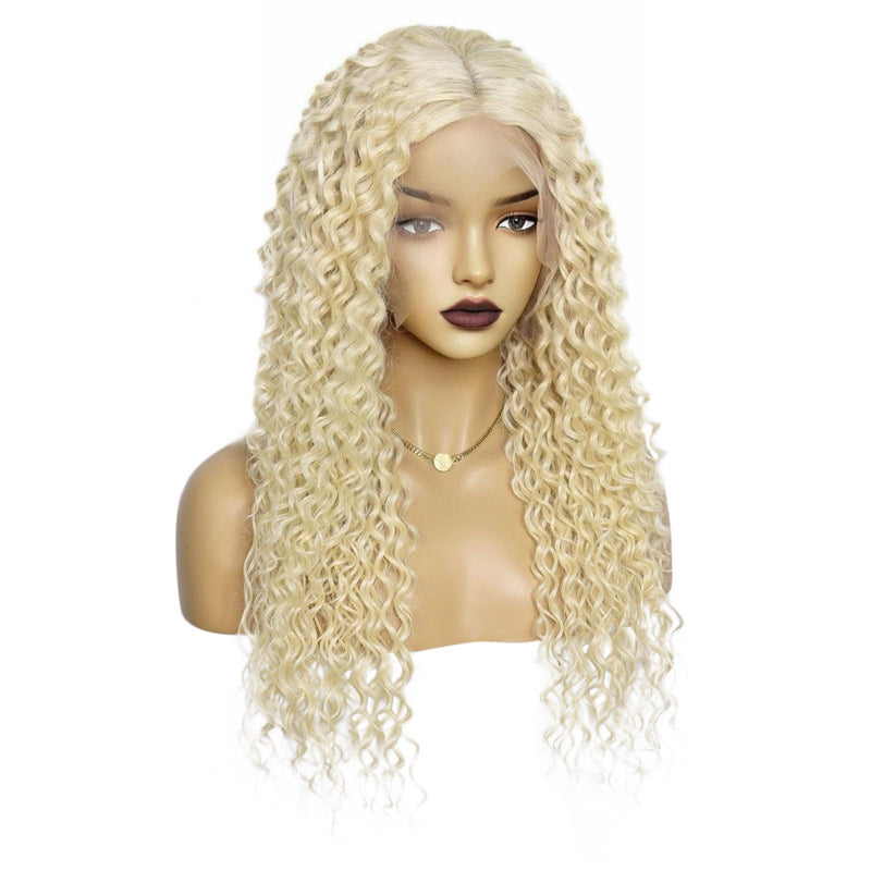 13*6 lace front wig synthetic human hair 613# blonde natural curly 28inch long wig for women &1pc wigcap | G1905791