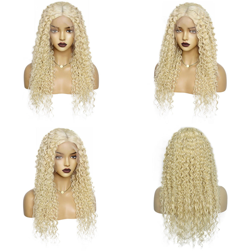 13*6 lace front wig synthetic human hair 613# blonde natural curly 28inch long wig for women &1pc wigcap | G1905791