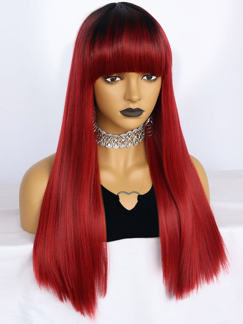 23 inches Straight Black Ombre Red Synthetic Wigs with Bangs | FU2031743 - Anogol