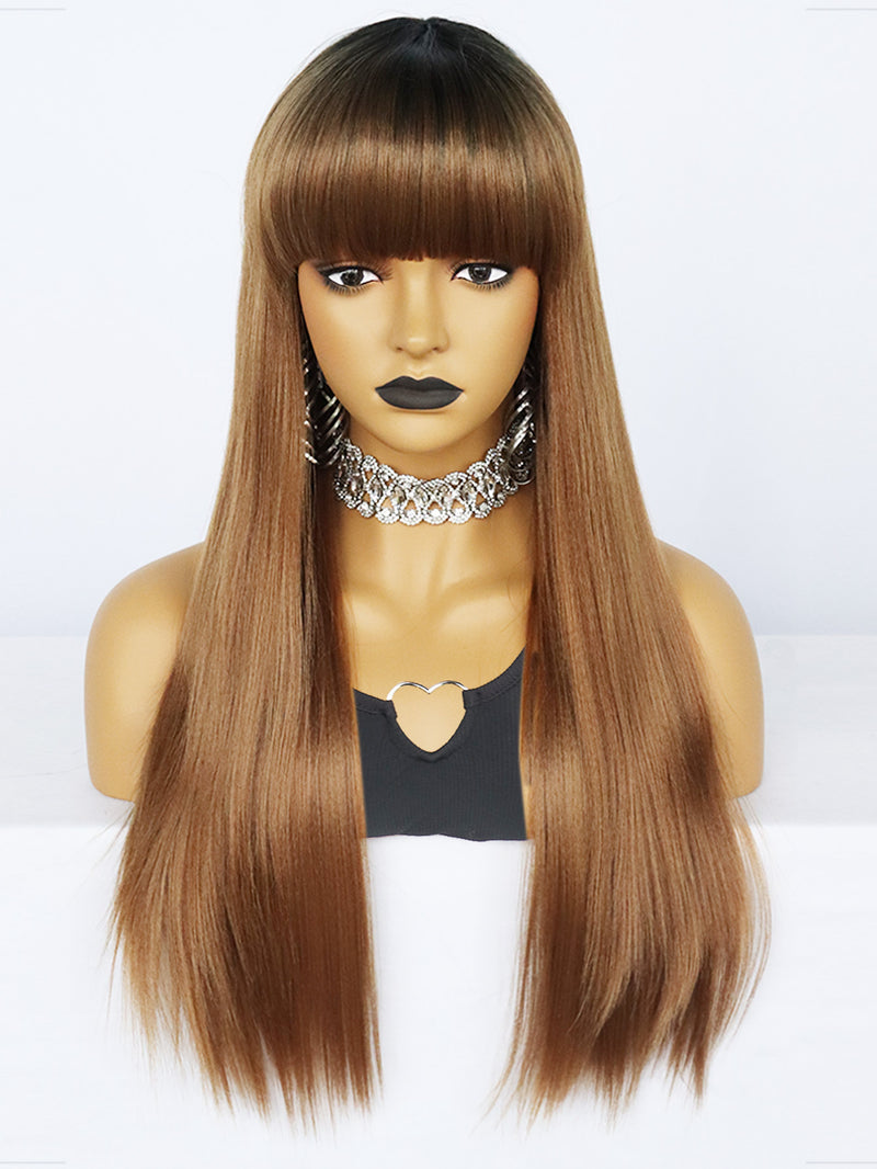 26 inches Straight Black Ombre Brown Synthetic Wigs | FU2031736 - Anogol