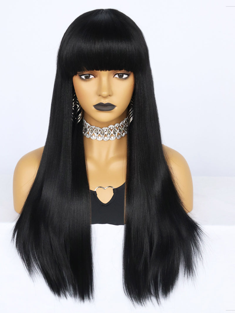 24 inch Straight Black Synthetic Wigs with Bangs | FU2031730 - Anogol