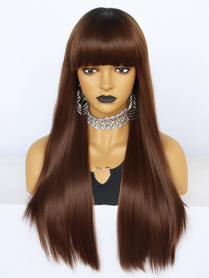 25 inches Straight Black Ombre Brown Synthetic Wigs with Bangs | FU2031718 - Anogol