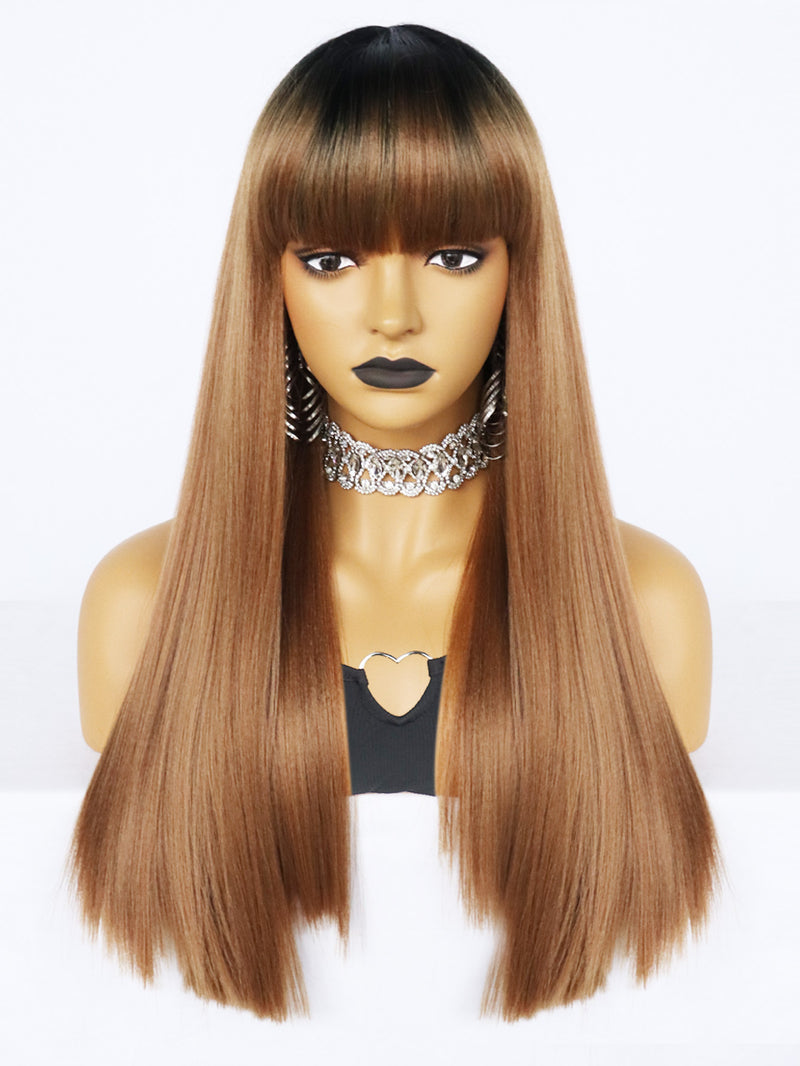 24 inches Straight Black Ombre Brown Synthetic Wigs with Bangs | FU2031739 - Anogol