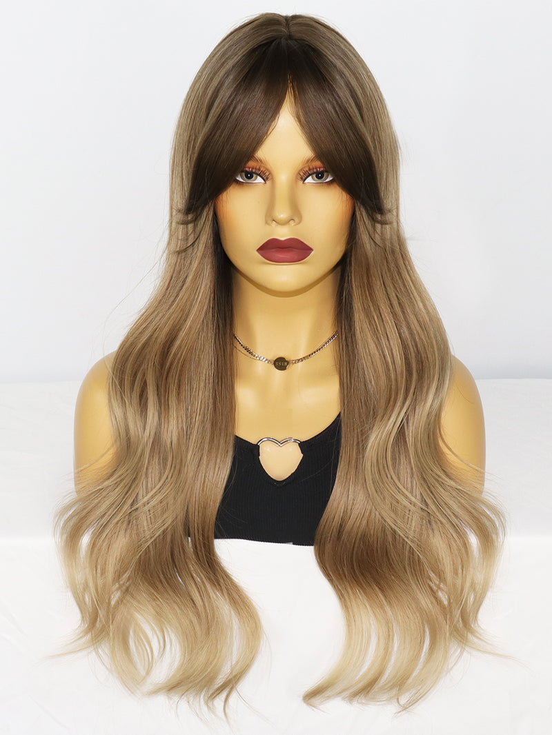 Ombre Ash Brown Blonde Long Wavy Synthetic Wigs with Bangs for Women| LC237-4 - Anogol