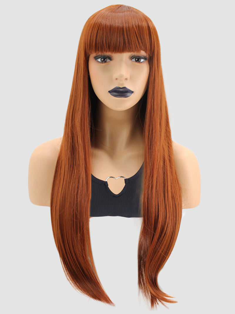 Copper Red Wig with Bangs Long Straight Synthetic Hair Wigs | DM1707474 - Anogol