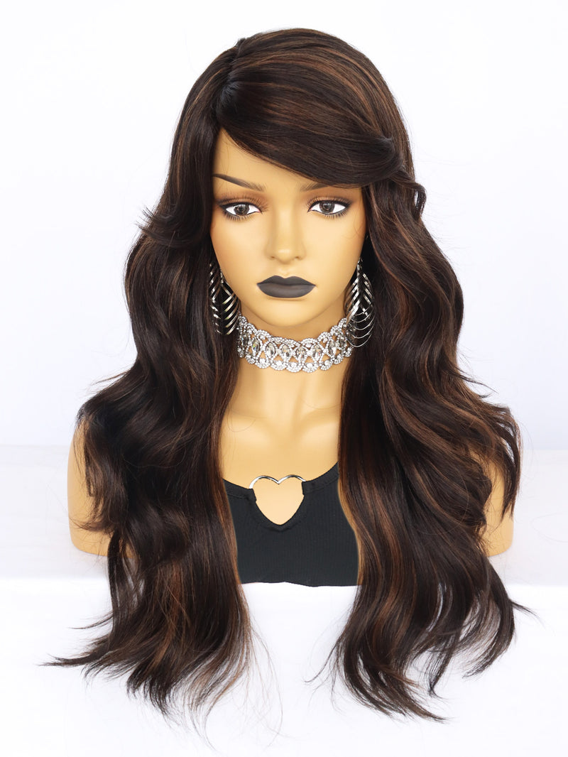 24 inch Wavy 2 Tone Black and Brown Synthetic Wigs | FU2031728 - Anogol