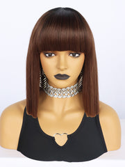 12 inches Short Black Ombre Brown Bob Synthetic Wigs with Bangs | FU2031741 - Anogol