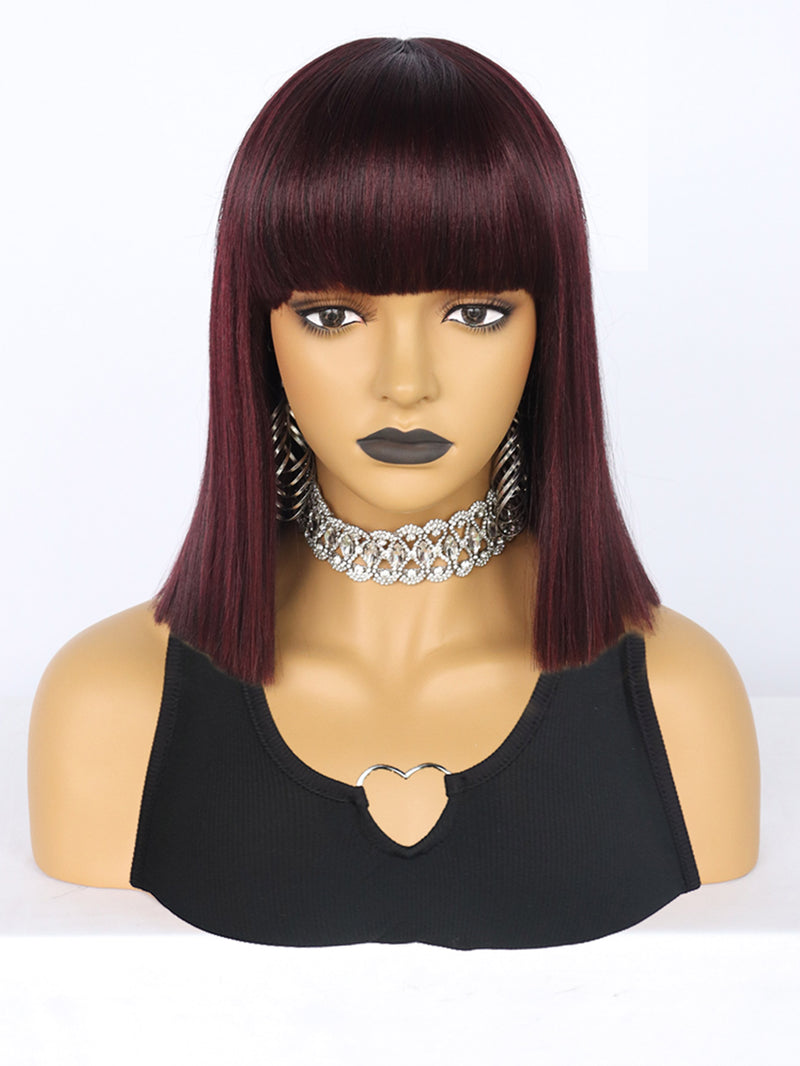 12 inches Short Wine Red Bob Synthetic Wigs with Bangs | FU2031738 - Anogol