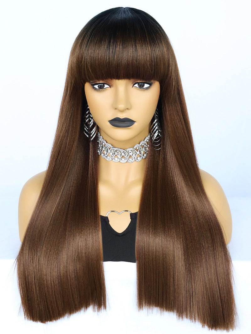 25 inches Straight Black Ombre Brown Synthetic Wigs with Bangs | FU2031740 - Anogol