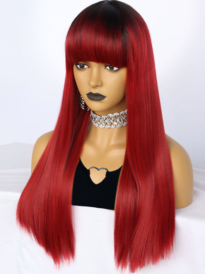 23 inches Straight Black Ombre Red Synthetic Wigs with Bangs | FU2031743 - Anogol