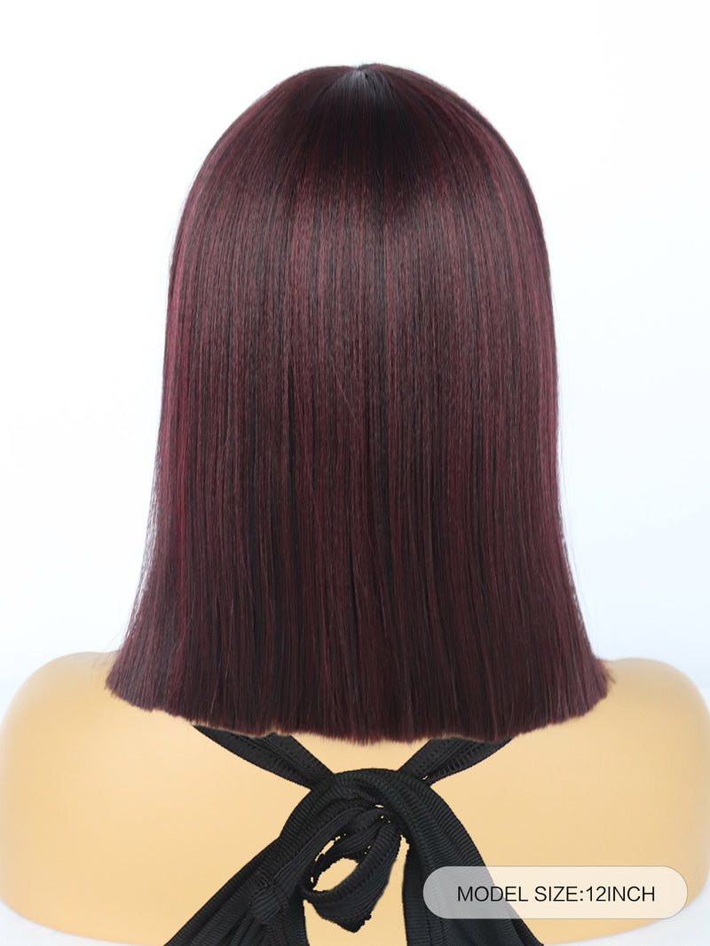 12 inches Short Wine Red Bob Synthetic Wigs with Bangs | FU2031738 - Anogol