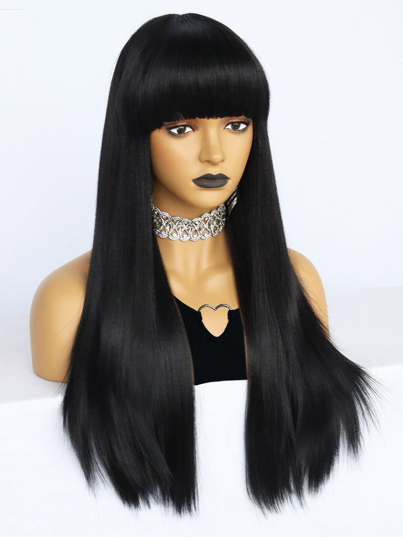 24 inch Straight Black Synthetic Wigs with Bangs | FU2031730 - Anogol