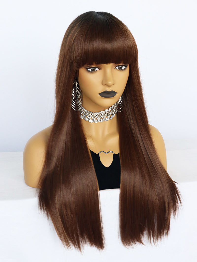 25 inches Straight Black Ombre Brown Synthetic Wigs with Bangs | FU2031718 - Anogol