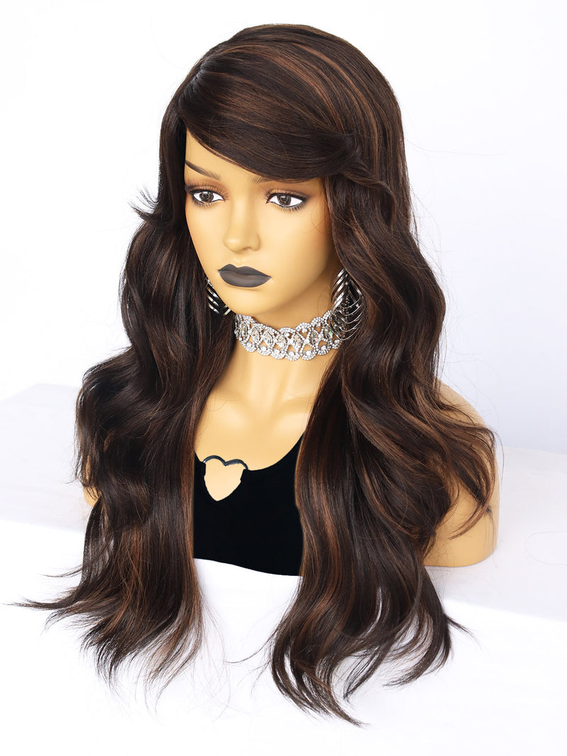 24 inch Wavy 2 Tone Black and Brown Synthetic Wigs | FU2031728 - Anogol