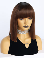 12 inches Short Black Ombre Brown Bob Synthetic Wigs with Bangs | FU2031741 - Anogol