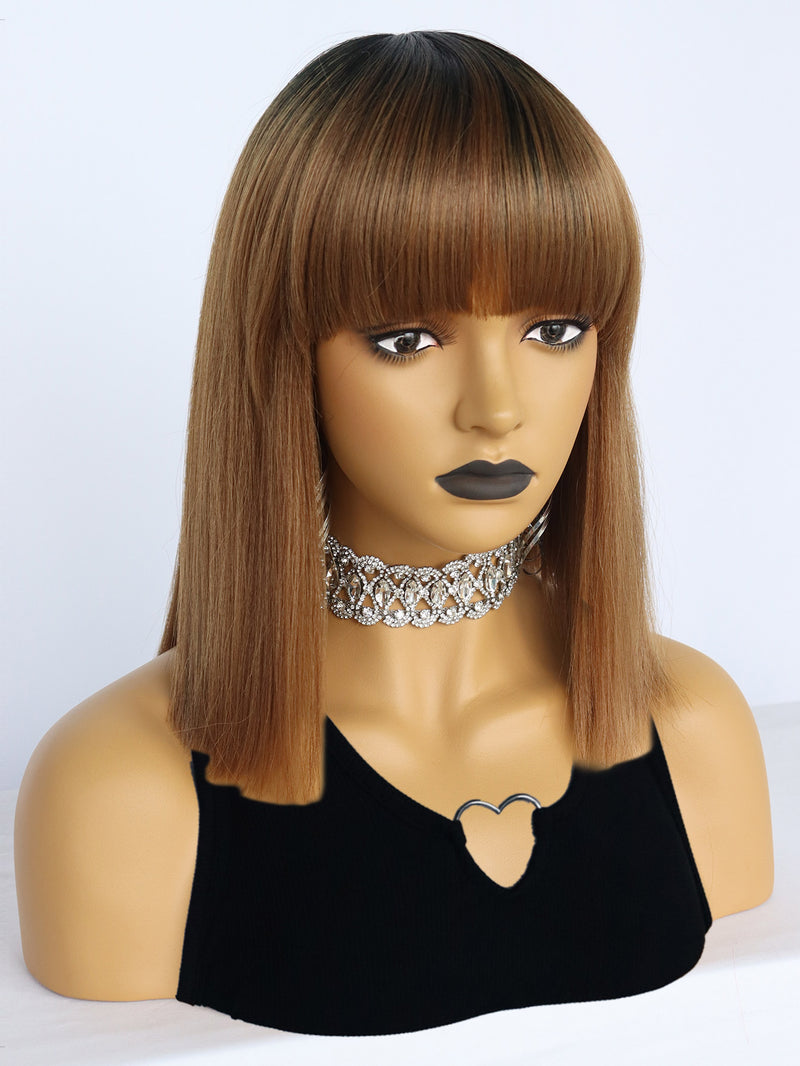 12 inches Short Black Ombre Brown Bob Synthetic Wigs | FU2031742 - Anogol