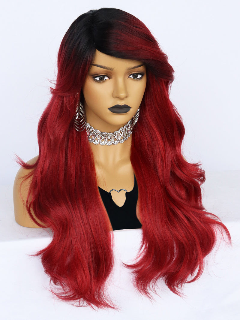 24 inch Wavy 2 Tone Black Ombre Red Synthetic Wigs | FU2031725 - Anogol