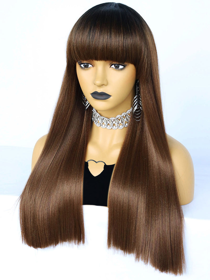 25 inches Straight Black Ombre Brown Synthetic Wigs with Bangs | FU2031740 - Anogol