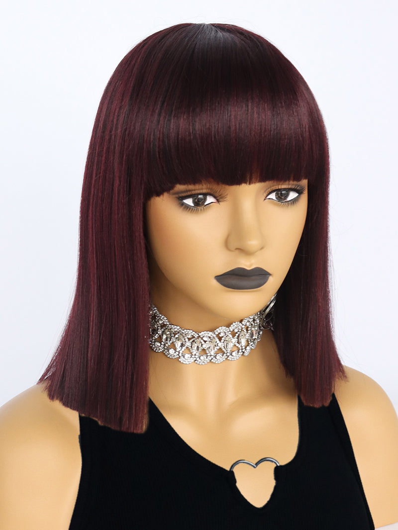 12 inches Short Wine Red Bob Synthetic Wigs with Bangs | FU2031738 - Anogol