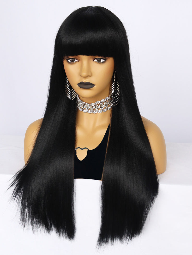 24 inch Straight Black Synthetic Wigs with Bangs | FFU2031727 - Anogol