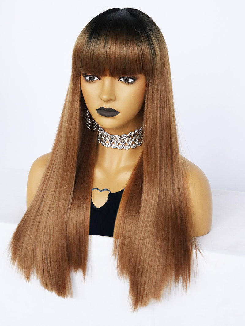 24 inches Straight Black Ombre Brown Synthetic Wigs with Bangs | FU2031739 - Anogol