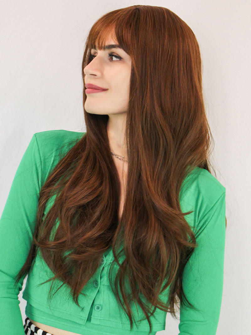 Long Wavy Brown Synthetic Wigs with Bangs | TGG-001 - Anogol