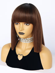 12 inches Short Black Ombre Brown Bob Synthetic Wigs with Bangs | FU2031741 - Anogol