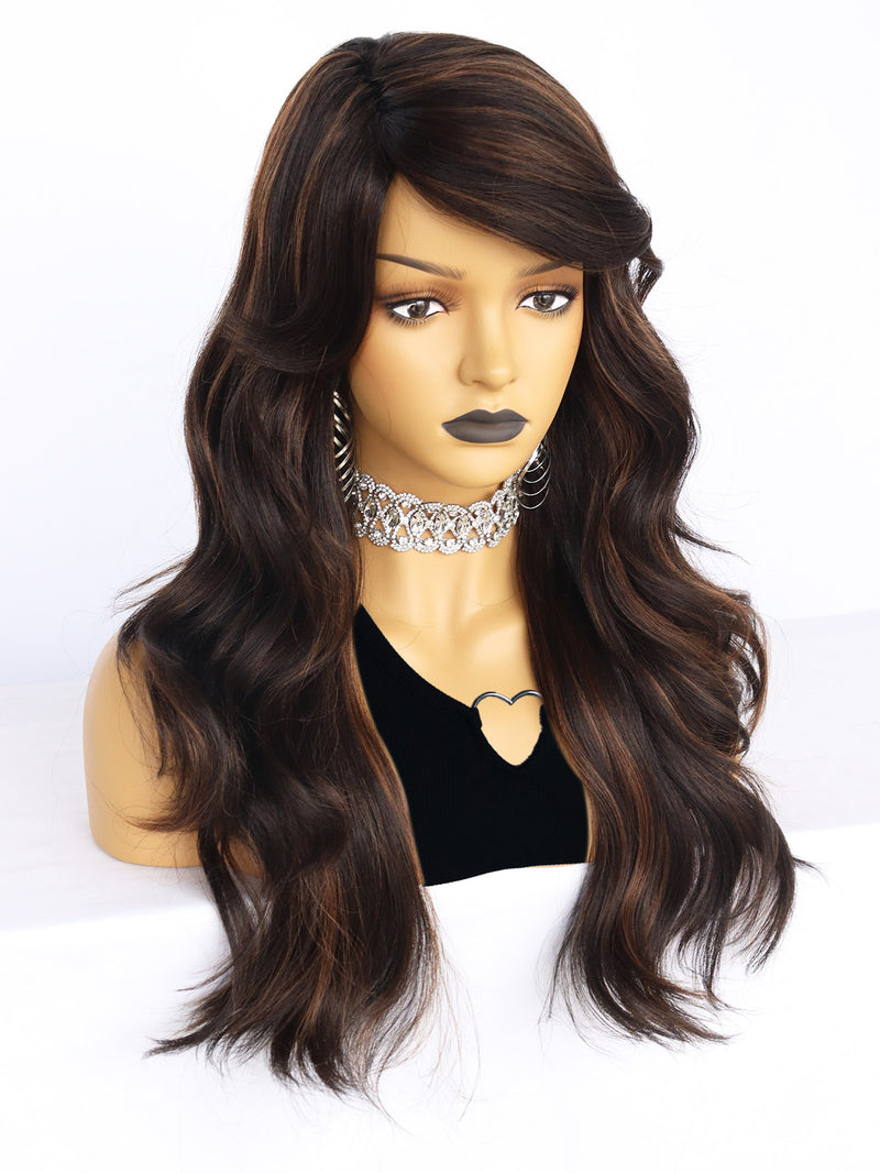 24 inch Wavy 2 Tone Black and Brown Synthetic Wigs | FU2031728 - Anogol