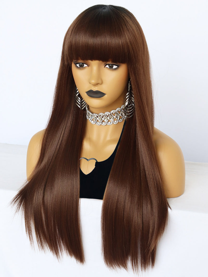 25 inches Straight Black Ombre Brown Synthetic Wigs with Bangs | FU2031718 - Anogol