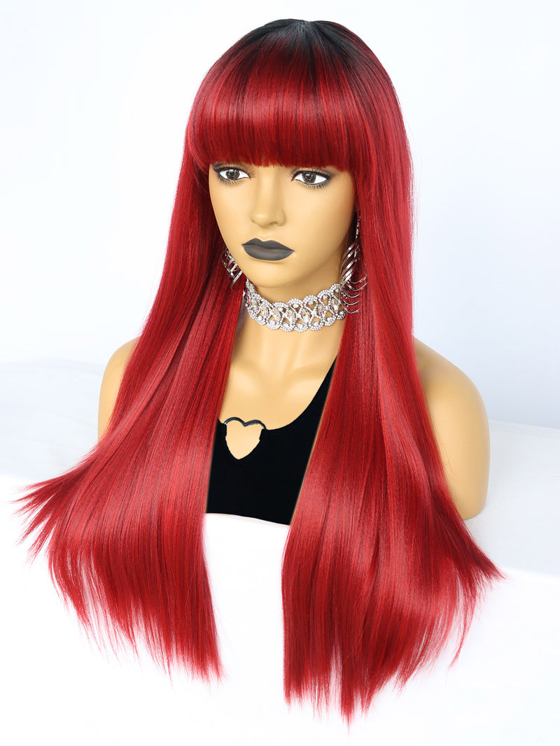 26 inches Straight Black Ombre Red Synthetic Wigs with Bangs | FU2031729 - Anogol