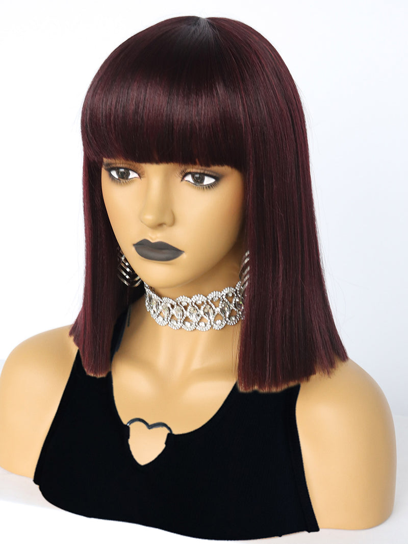 12 inches Short Wine Red Bob Synthetic Wigs with Bangs | FU2031738 - Anogol