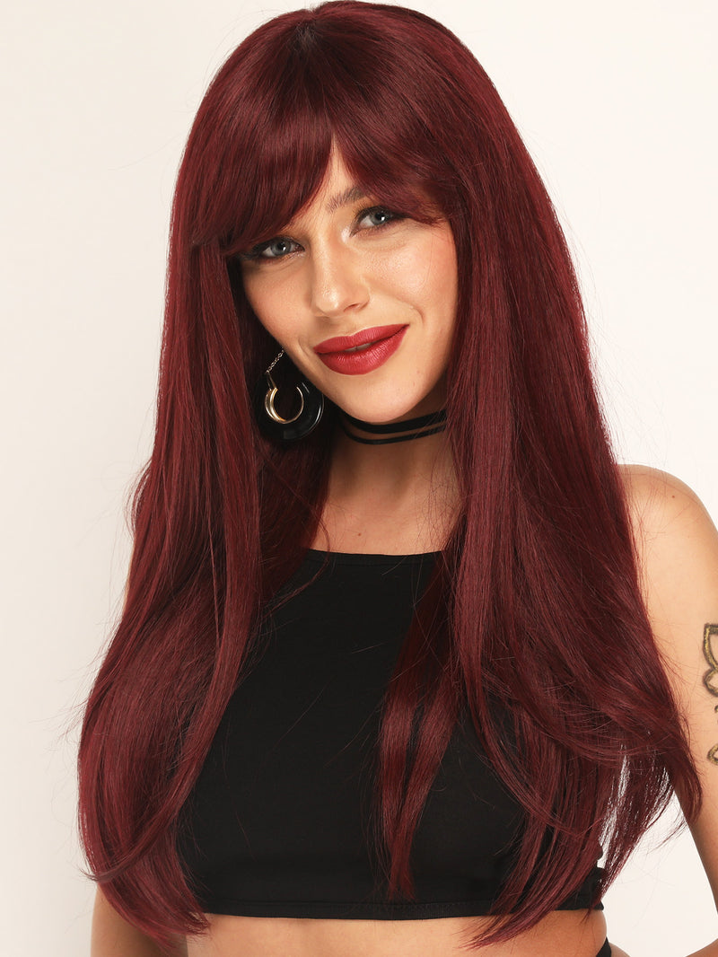 Long Straight Wine Red Synthetic Wig with Bangs | DM1810886 - Anogol