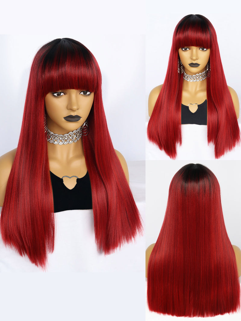 23 inches Straight Black Ombre Red Synthetic Wigs with Bangs | FU2031743 - Anogol