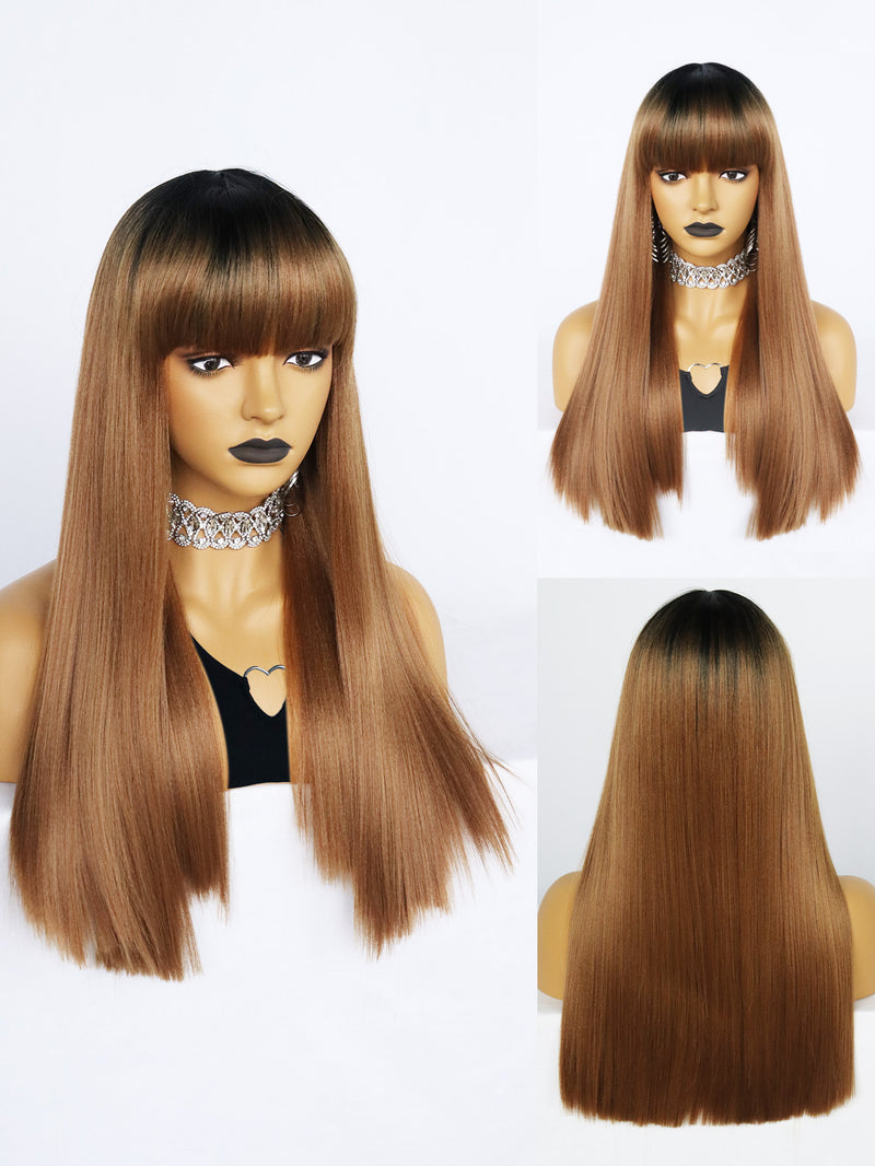 24 inches Straight Black Ombre Brown Synthetic Wigs with Bangs | FU2031739 - Anogol