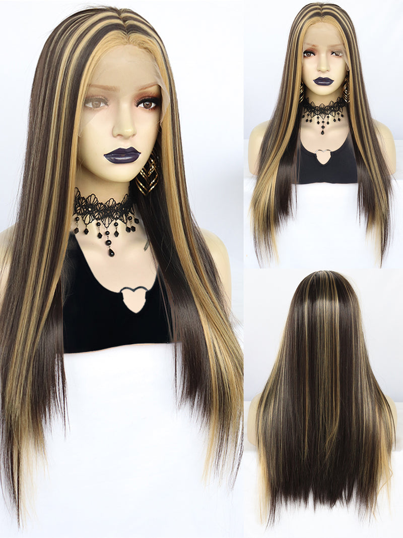 13*3 Long Black Mix Blonde Straight Lace Front Wig for Women | G1904855 - Anogol