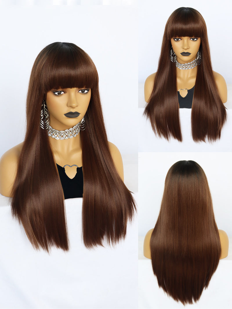 25 inches Straight Black Ombre Brown Synthetic Wigs with Bangs | FU2031718 - Anogol