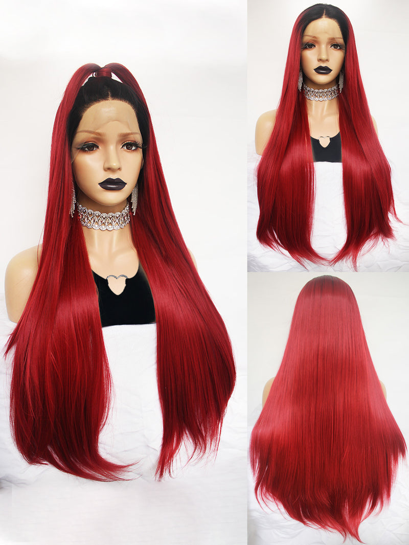 13*3 2 Tone Blaack Red Synthetic Straight Lace Front Wig for Women | G1901657B - Anogol