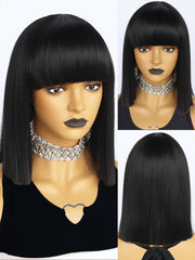 13 inch Short Black Bob Synthetic Wigs with Bangs | FU2031733 - Anogol